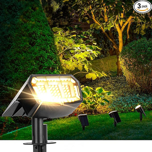 AUDERWIN Solar Lights Outdoor Lighting IP65 Waterproof, 63LED Solar Spotlights, 3 Pack Solar Powered Lights for Outside, Outdoor, Yard, Landscape Light-Warm Light