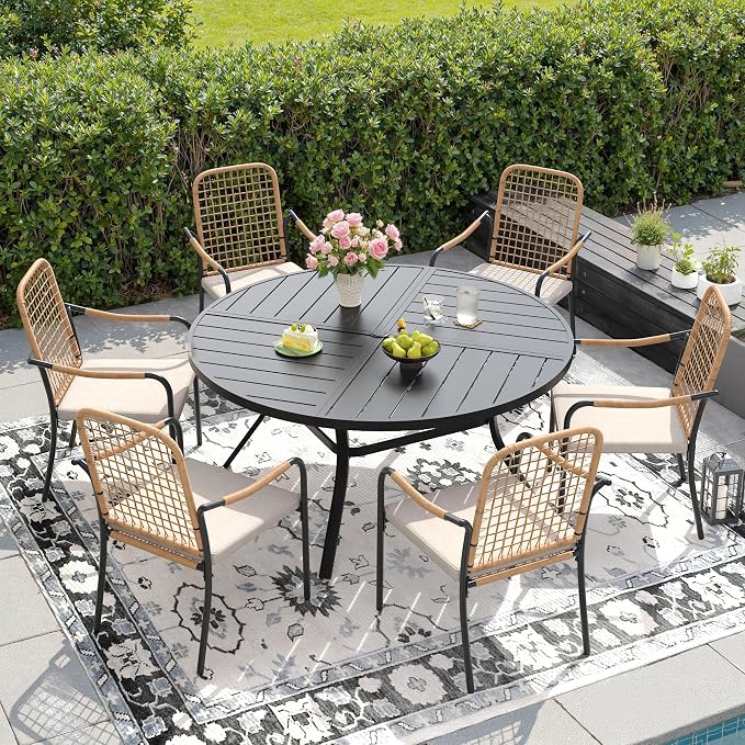 DIFY 7 Pieces Outdoor Dining Set, Metal Patio Table and Chairs Set for 6, 50" Round Dining Table with Umbrella Hole & Wicker Stackable Patio Chairs with Cushions, Black Tabletop