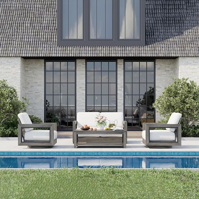 HAPPATIO Oversized Aluminum Patio Furniture Set, Outdoor Conversation Set 4 Pieces with Loveseat, 2 Swivel Sofa Chairs,1 Coffee Table, Extra Large Seat with Thicken Cushion for Deck Poolside, Grey