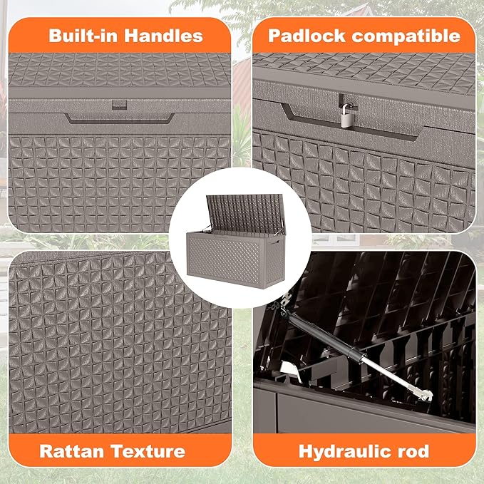 Vixzen 110 Gallon Deck Boxes Outdoor Waterproof, Large Resin Lockable Storage Box with lid for Patio Furniture Cushions, Weatherproof Outdoor Storage Boxes for Garden Tools & Pool Accessories(Grey)
