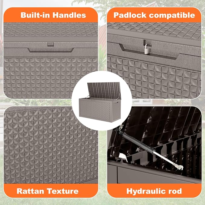 PatioZen 121 Gallon Deck Boxes Outdoor Waterproof, Weatherproof Outdoor Storage Boxes Lockable for Patio Furniture, Pool Supplies,Garden Tools(Grey)