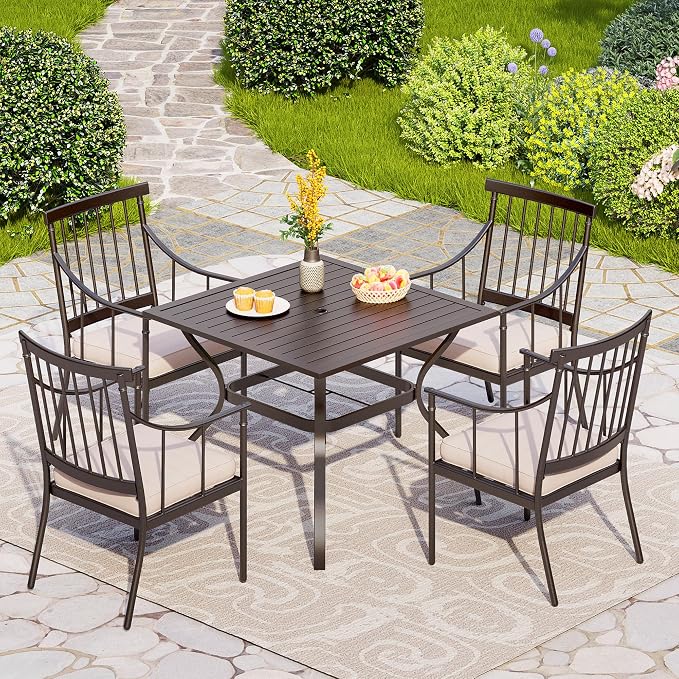 PHI VILLA 5-Piece Patio Dining Set, 37" Square Steel Table, Fixed Chairs | Cushions Chairs, Umbrella Hole, All-Weather Use