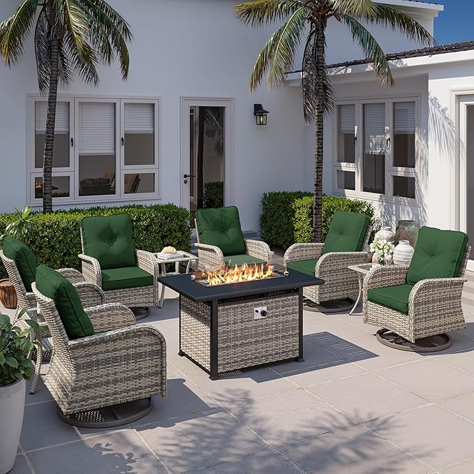 10Pcs Patio Rocking Swivel Chair with 55,000 BTU Fire Pit Table Outdoor Wicker Rattan Bistro Set with Tempered Glass Side Table, Outdoor Patio Furniture Set for Garden and Balcony, Green