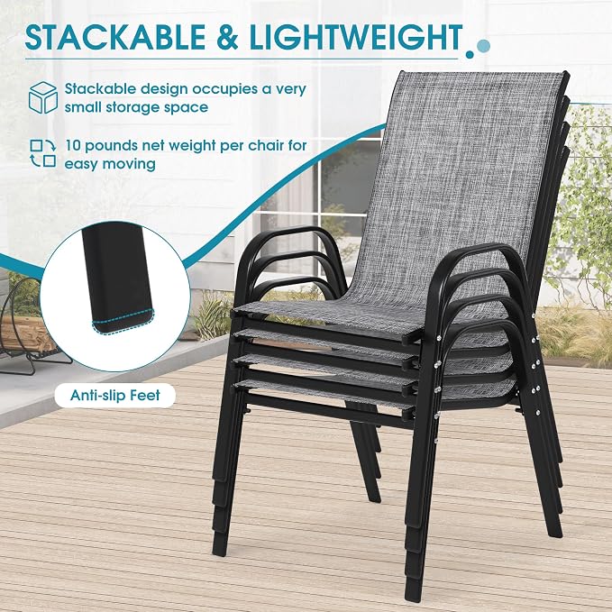 24.4" Wide Outdoor Stackable Chairs Set of 4, Stacking Patio Chairs with Textilene Fabric, Outside Furniture for Garden Backyard Balconie Poolside Deck, Grey