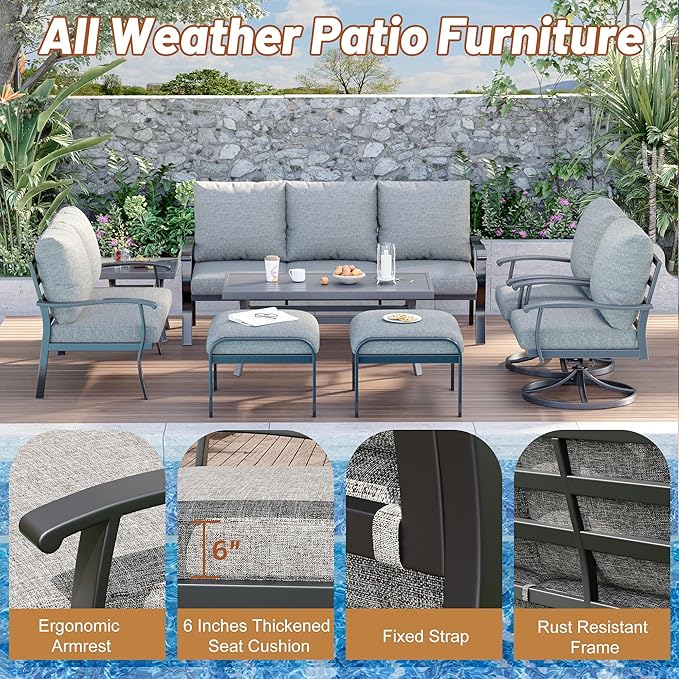 HOMREST Outdoor Furniture Thickened Cushion 360 Degree Swivel Rocking Patio Chairs with Ottomans and 3-Seat Sofa, Loveseat, Coffee Side Table, 8 PCS Metal Conversation Set for Garden, Deck, Poolside