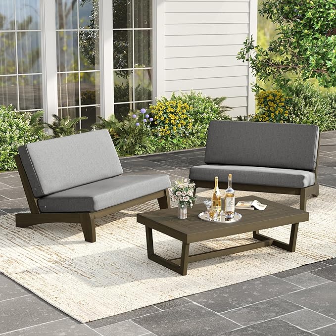 UIXE Wood Patio Furniture Sets, 3 Pieces All Weather Patio Loveseat Sofa Outdoor Sectional Futniture Backyard Conversation Set with Solid Wooden Coffee Table - Light Gray