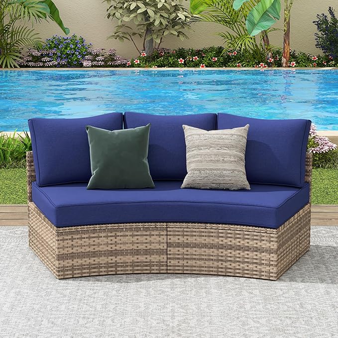 PaPaJet Patio Conversation Set, 3 Piece Half-Moon Sectional Round Patio Furniture Set, Wicker Sofa Set, for Backyard Patio Garden, Blue