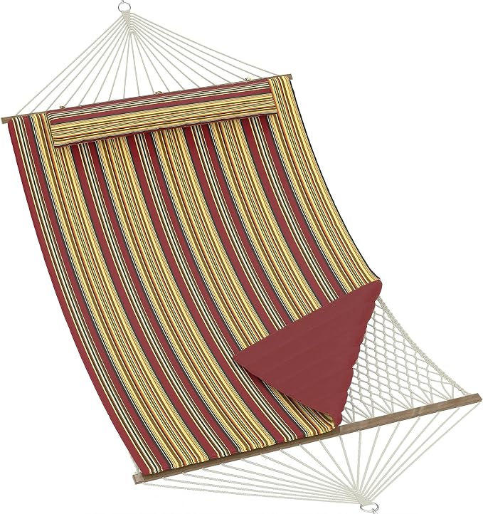 Double Spreader Bar Hammock with Stand, 2-Person, 12ft, 450lbs Capacity | quick-dry, UV-resistant, detachable pad & pillow, side pockets, for patio/backyard/garden/beach, Red-Yellow Stripe