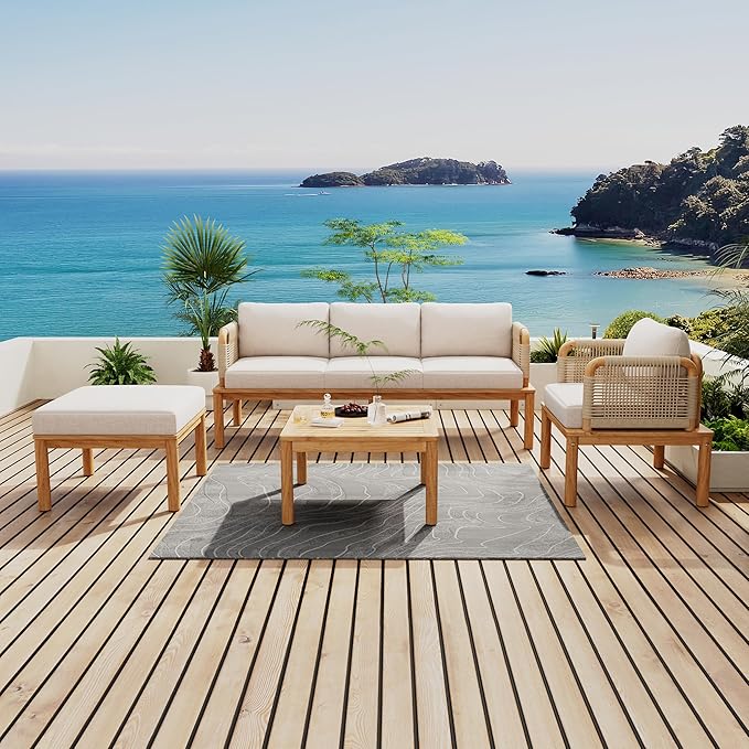 Merax Outdoor 4-Piece Acacia Wood & Rope Patio Sofa Set with Ottoman, Table & Club Chair, Water-Repellent Cushions for Garden & Patio
