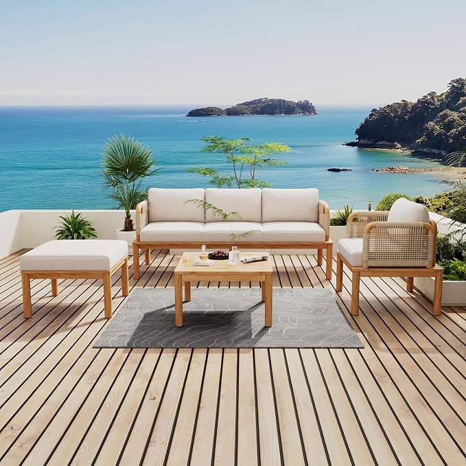VilroCaz Outdoor 5-Piece Acacia Wood and Rope Patio Sofa Set, All-Weather Conversation Set with Coffee Table and Thick Cushions for Garden Backyard Balcony (Teak+Beige-4P)