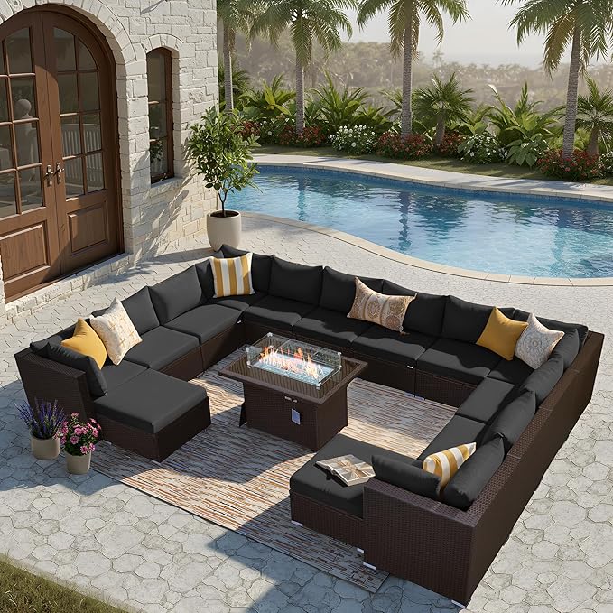 BULEXYARD 15 Piece Highback Wicker Patio Furniture Sets with Firepit, All-Weather Heavy Duty Outdoor Conversation Set Modular, Extra Deep Wide 14-Seats Sectional Couch Sofa for Backyard, Brown & Black