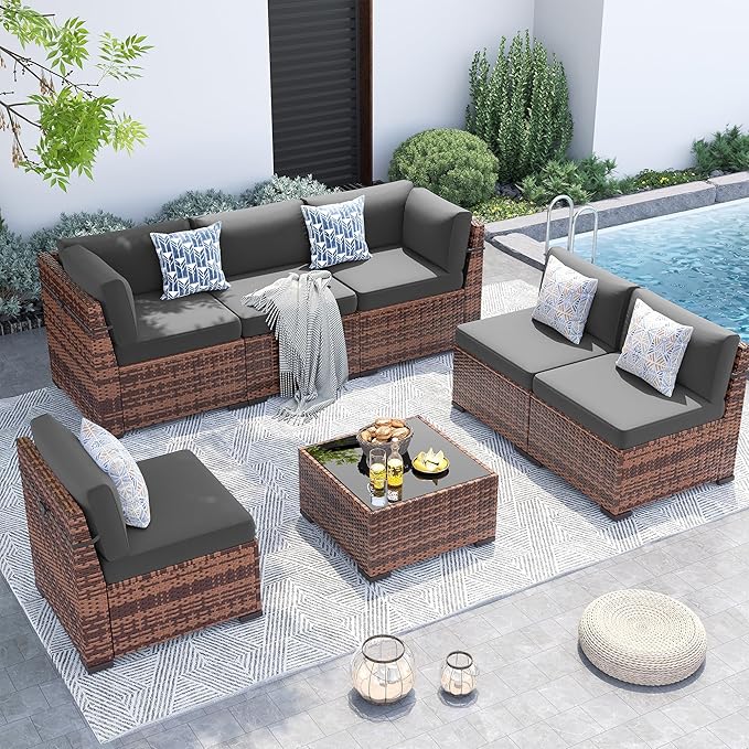 UDPATIO Patio Furniture Set,7 Pieces Outdoor Rattan Sectional Set,Modular Slanted Back Patio Conversation Set Heavy Duty Wicker Sofa for Backyard, Deck W/Coffee Table,4'' Thick Cushions,Cover,Grey