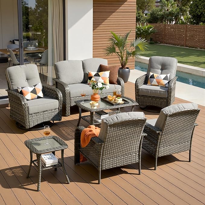 7-Piece Patio Furniture Set, Outdoor Wicker Furniture with Coffee Table, High Back Swivel Rocker Patio Chairs, Modern Rattan Outdoor Chairs Conversation Set for Porch, Balcony, Garden, Dark Gray
