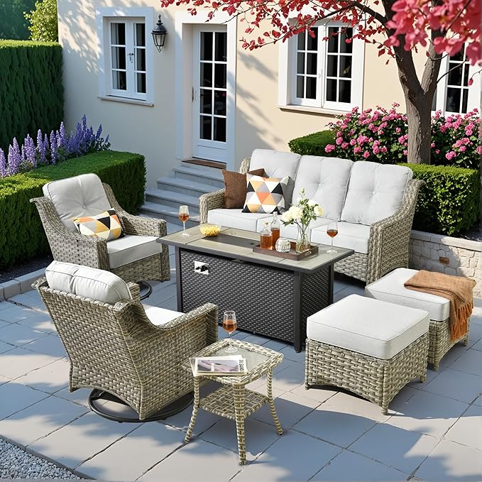 HOOOWOOO Patio Furniture Set,7 Pieces Wicker Outdoor Furniture,High Back Conversation Set with All Weather Resistant Fire Pit Table Couch Swivel Chairs Ottomans,Light Gray