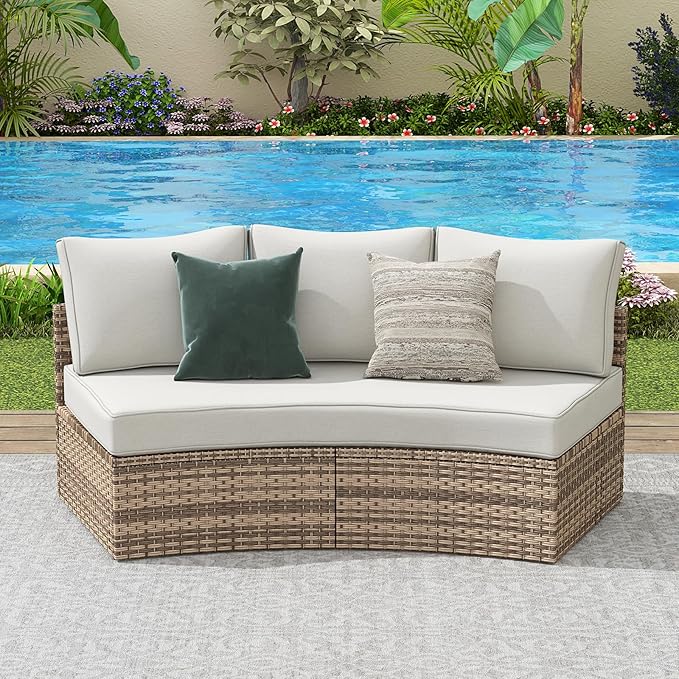 PaPaJet Patio Conversation Set, 3 Piece Half-Moon Sectional Round Patio Furniture Set, Wicker Sofa Set, for Backyard Patio Garden, Beige