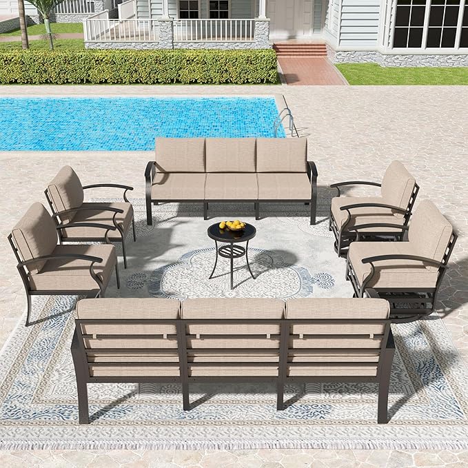Kullavik Aluminum Patio Furniture Set,7 Pieces 10 Seat Metal Outdoor Furniture Conversation Set w/5.1" Cushions,Swivel Rocking Chairs Set,Sand
