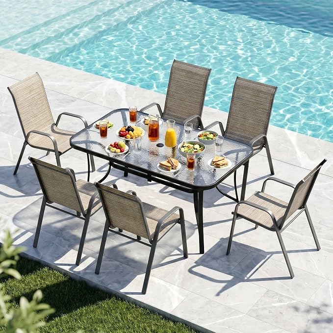 MAMIZO 7 Pieces Patio Dining Set for 6, Outdoor Table and Chairs w/Rectangle Glass Table and 6 Textilene Stackable Chairs, Patio Furniture Set w/1.69" Umbrella Hole (Black Table & Brown Chair)