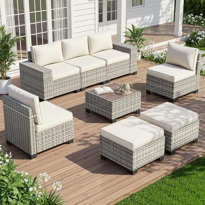 8-Piece Outdoor Patio Furniture Set Wicker Sectional Sofa Set with Ottomans, Patio Conversation Set with Thickened Cushions & Coffee Table for Garden, Backyard, Poolside, White