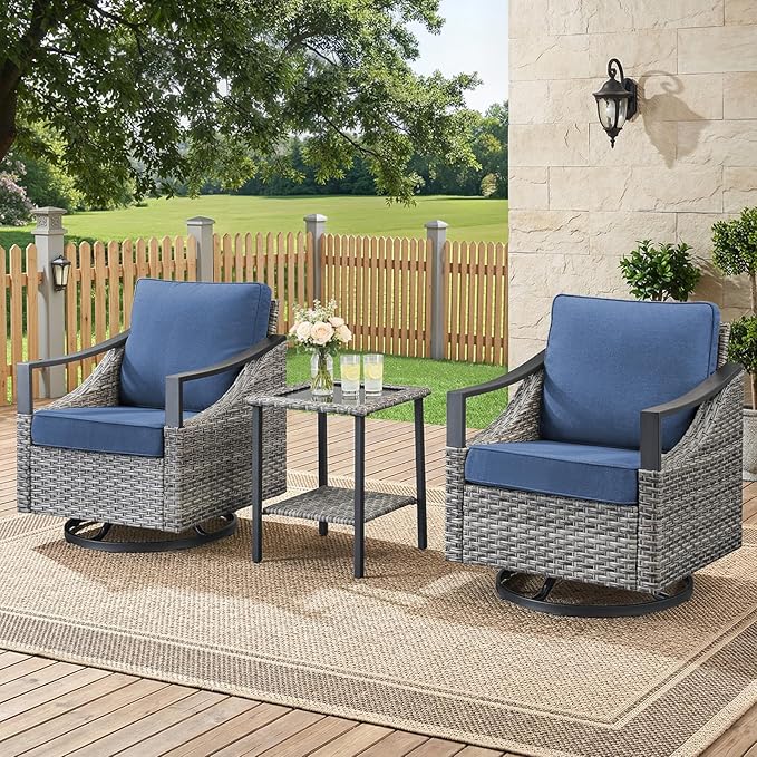 3 Pieces Wicker Patio Furniture Set-High Back Swivel Patio Chairs Set of 2 with Rattan Side Table, PE Wicker Outdoor Patio Furniture Sets with Covered Cushions for Porch Deck Garden Grey/Blue