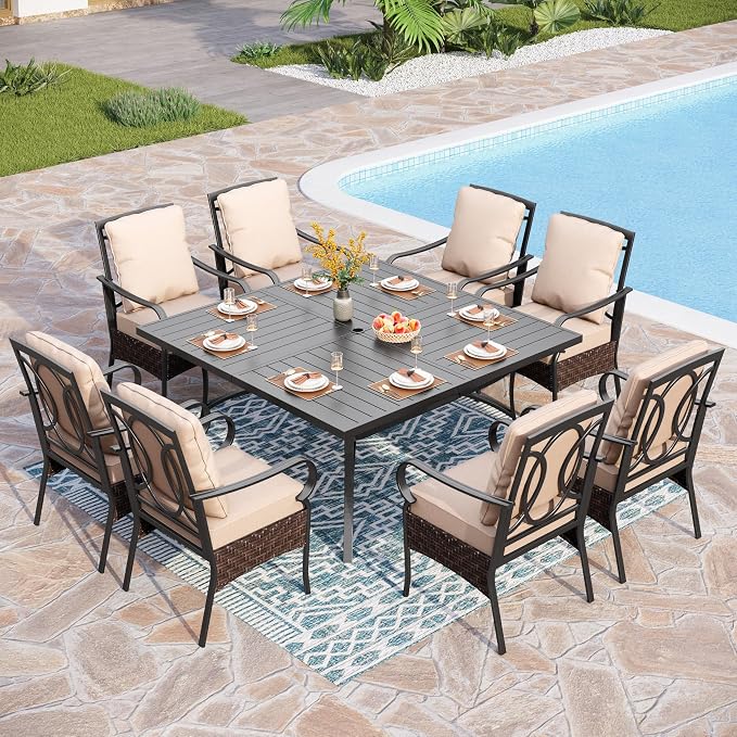 PHI VILLA 9 PCS Outdoor Dining Sets, 57.5" All-Weather Patio Table and Chairs Set for 8, Heavy Duty Patio Table Set Square for Deck, 8 Extra Large Outdoor Stationary Dining Chairs with Thick Cushions