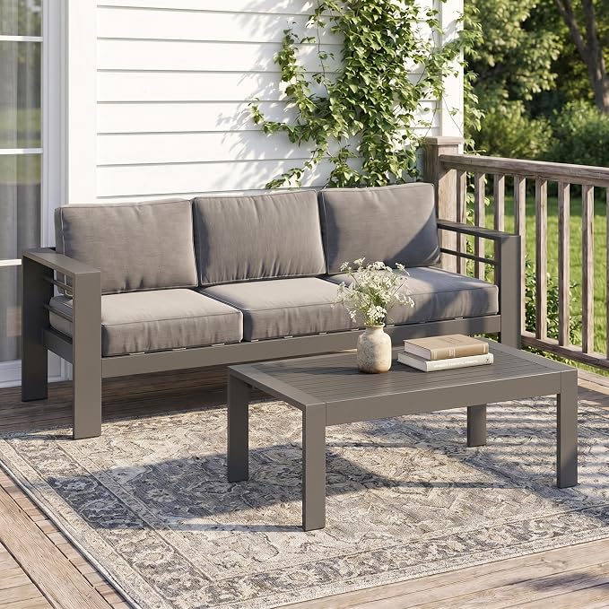 Solaste Aluminum Patio Sofa with Coffee Table,2 PCS Patio Furniture Set with Cushions, All-Weather Outdoor Sofa for Balcony, Deck, Backyard, Porch, Garden, Dark Grey