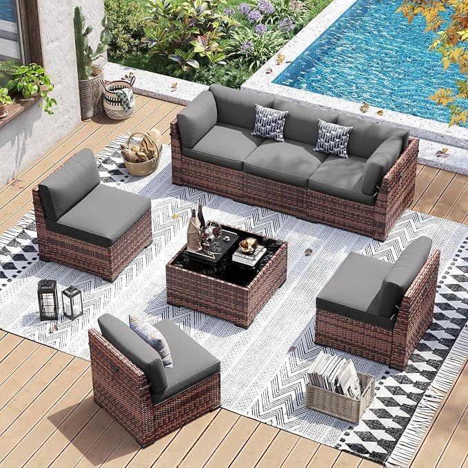 UDPATIO Patio Furniture Set, 7 Pieces Outdoor Sectional Sofa with 105°Slanted Back, Modular Rattan Conversation Set for Poolside, Backyard, Deck, with Coffee Table, Grey
