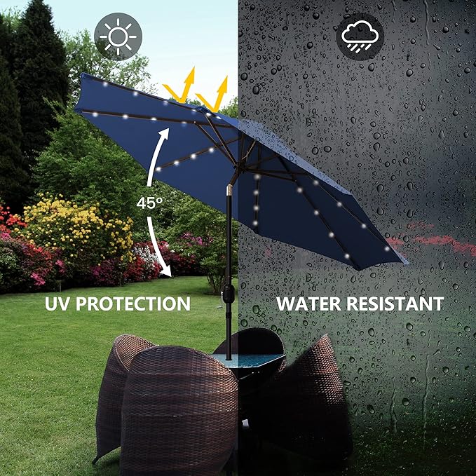 9' Round Patio Umbrella with 32 Solar Powered LED Lights, Push-Button Tilt and Hand Crank Lift, Solar Umbrella in Navy for Porch, Deck, and Patio by Sun-Ray