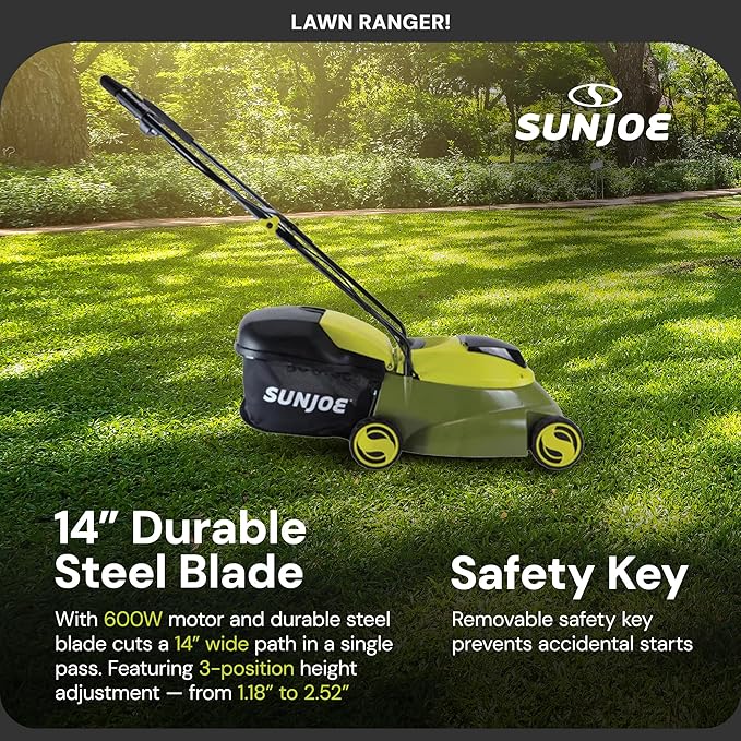 Sun Joe MJ24C-14-XR 24V IONMAX Walk-Behind Lawn Mower with 600W Motor, 14-Inch Mowing Width, Includes Collection Bag, Battery, and Charger