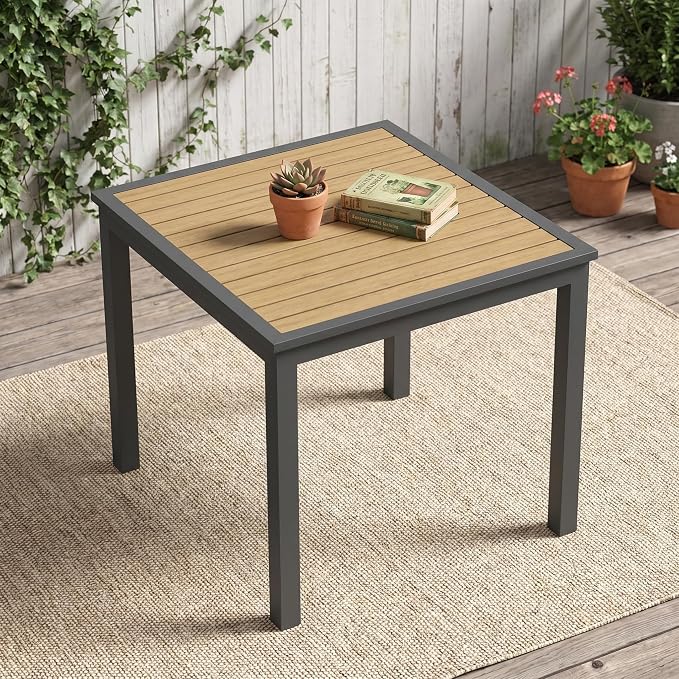 Aluminum Outdoor Table for All-Weather, 35.4" Patio Tables with Heavy Duty HDPS Square Tabletop, Outside Table with Quick-Drying Slatted Design for Patio, Garden, Deck, Porch, Poolside, Backyard