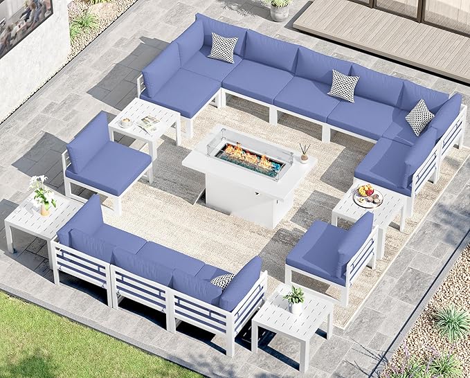 NICESOUL 17 Piece Extra Large Modern Aluminum Patio Furniture Set with Fire Pit, Modular Comfortable Outdoor Conversation Set with Side Table, 500 lbs Heavy Duty Sectional Sofa for Garden, Denim Blue