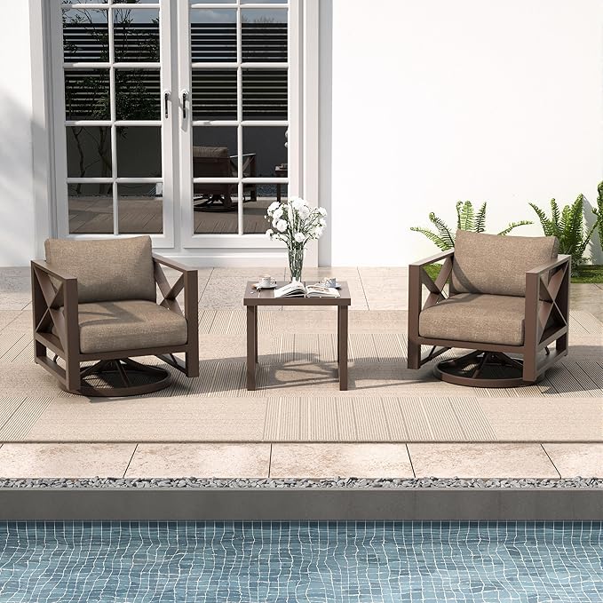 3-Piece Aluminum Outdoor Swivel Rocker Chair Set, 360° Swivel and Rocking Patio Chairs with 5.2-Inch Thick Cushions and Side Table, All-Weather Conversation Sofa for Backyard, Deck, Porch, Balcony