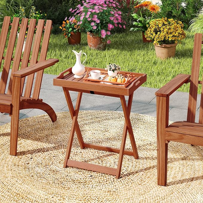 HAPPYGRILL Outdoor Wood Tray Table Folding Patio Side Table with Removable Top, Portable Bistro Table for Garden Backyard Balcony Poolside (2)