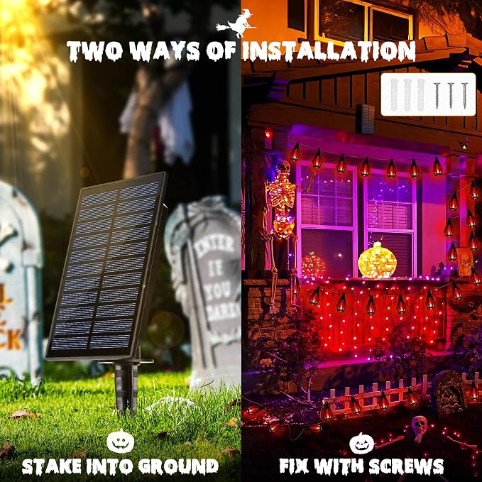 iBaycon 27FT 10 LED Solar Flame Halloween String Lights Outdoor, Red | Ultra-Real Flickering Flame Lamp Outdoor Waterproof, Solar Patio String Lights for Garden Yard Lawn Halloween Decorations