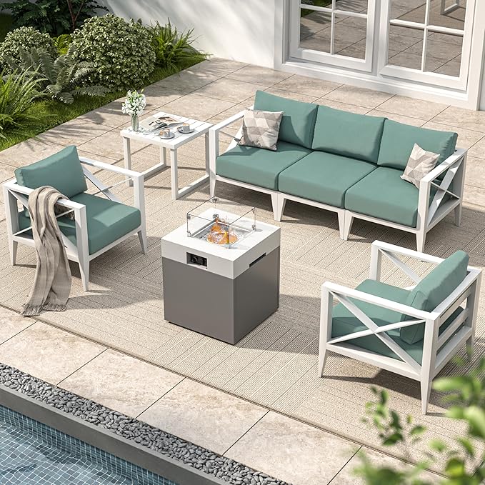 Aluminum Patio Furniture Set, 7-Piece Oversized Outdoor Conversation Set with Fire Pit Table & Coffee Table, All Weather Modern White Sofa for Deck, Garden, Poolside