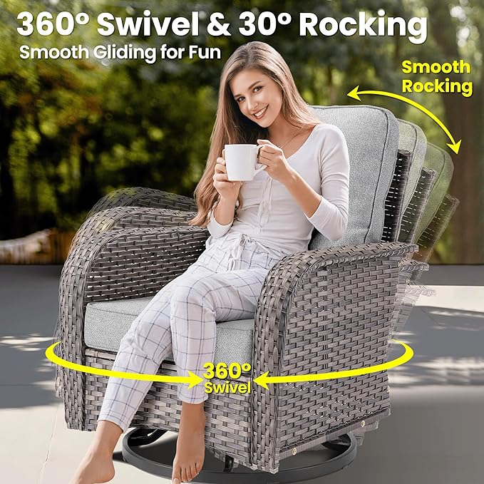 ovios 10 Pieces Patio Furniture Set, Outdoor Wicker Sofa Couch with Rocking Swivel Chairs Solar Light Table Fire Pit, Modern Deep Seat Rattan Conversation Sets, Dark Grey