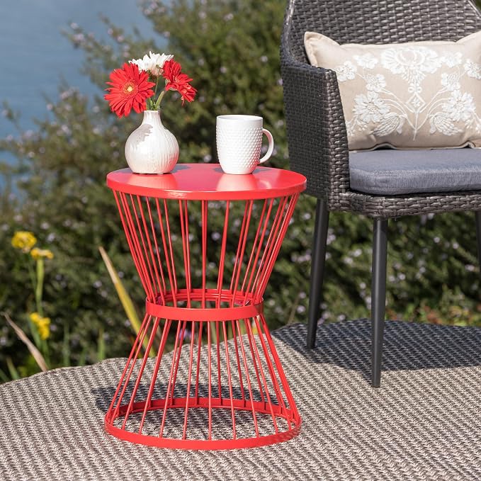 Small Patio Side Table, Metal Outdoor End Table, Round Accent Table for Balcony Garden Porch, with Modern Wire Frame, Lightweight for Outdoor Indoor Use, Red (Red)