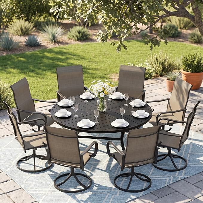 9 Pieces Patio Dining Set, 8 Outdoor Swivel Dining Chairs with 60.1" Round Metal Outdoor Dining Table with Umbrella Hole for Garden Backyard Deck, Mixed Brown & Black