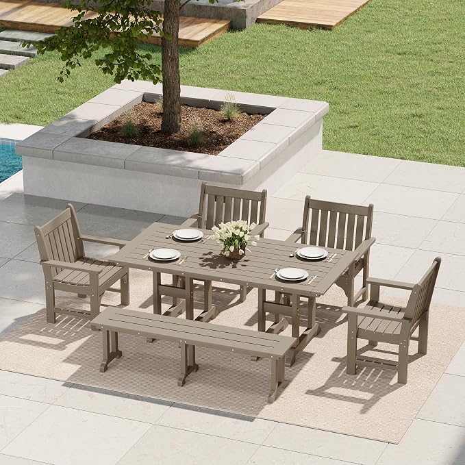 Costaelm Rectangle Outdoor Dining Tables, 71'' Patio Table with Umbrella Hole for 6 Person, Balcony Outdoor Buffet Table, Porch Tables for Outside Lawn Porch Bistro Furniture, Weathered Wood