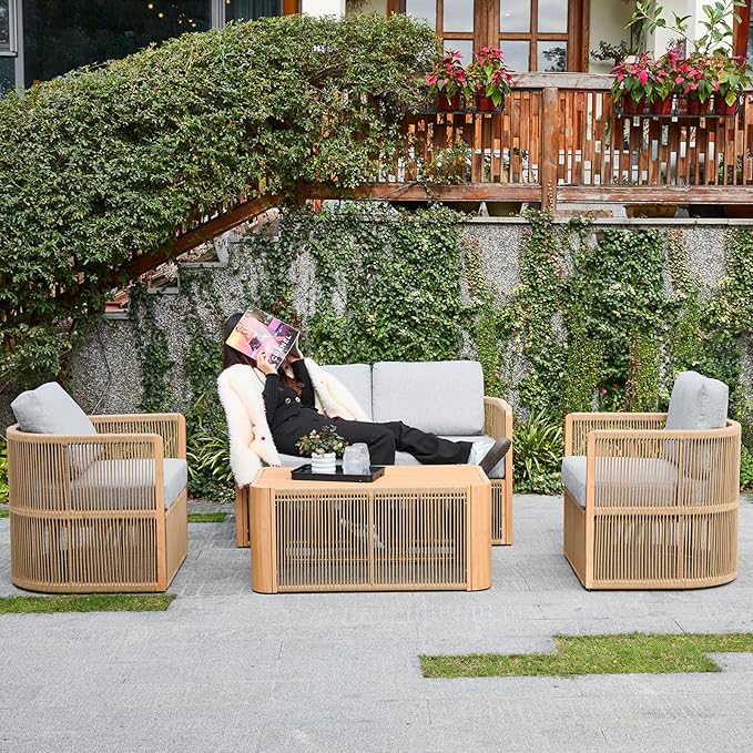 Patio Lounge Chairs Set of 2, Rope Patio Furniture Set with Cushions, Outdoor Aluminum Conversation Set, Outdoor Chair Set for Porch, Garden, Deck, Balcony, Green