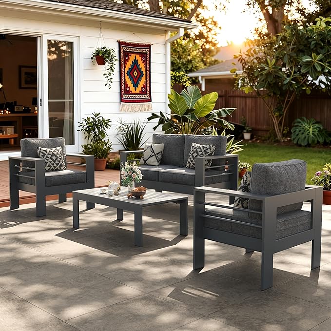 LayinSun Outdoor Aluminum Furniture Set, 4 Pieces Patio Sectional Conversation Chat Sofa Modern Seating Set with Coffee Table
