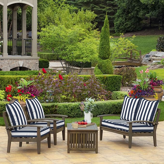 Arden Outdoor Deep Seat Cushion Set, Foam, 24x24, Blue Cabana Stripe | Sofa, Couch, Conversation Set, Premium High-Density Foam, Never Flattens, Mold and Mildew Resistant