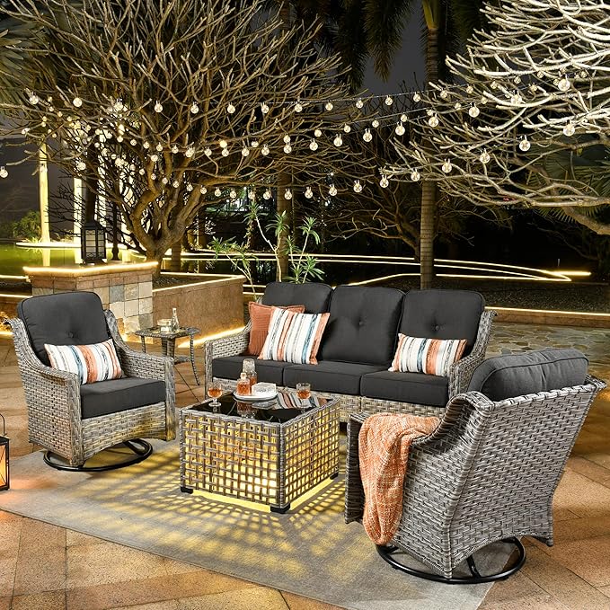 ovios 5 Piece Outdoor Patio Furniture with 3 Seat Sofa,Rattan Wicker Coversation Set with Swivel Rocking Chair,Balcony Sofa Set with Shiny Table for Outside Porch Backyard Pool, Black
