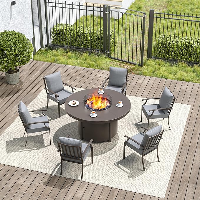 7 Pieces Outdoor Patio Furniture Set with 48" Round Propane Fire Pit Table,Patio Dining Set Outdoor Conversation Sets 6 Chairs for Deck,Backyard and Garden,Grey