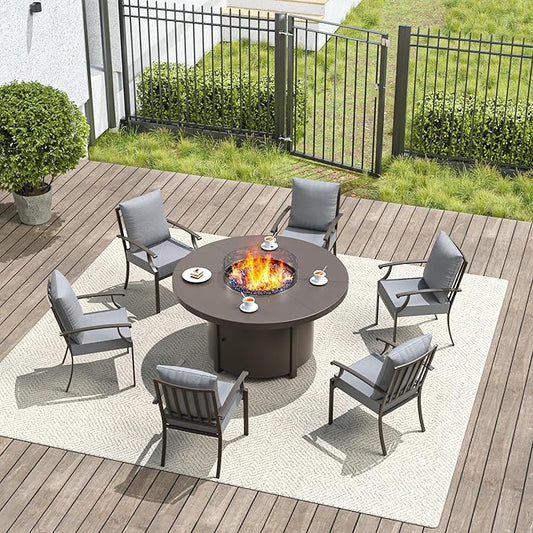 7 Pieces Outdoor Patio Furniture Set with 48" Round Propane Fire Pit Table,Patio Dining Set Outdoor Conversation Sets 6 Chairs for Deck,Backyard and Garden,Grey