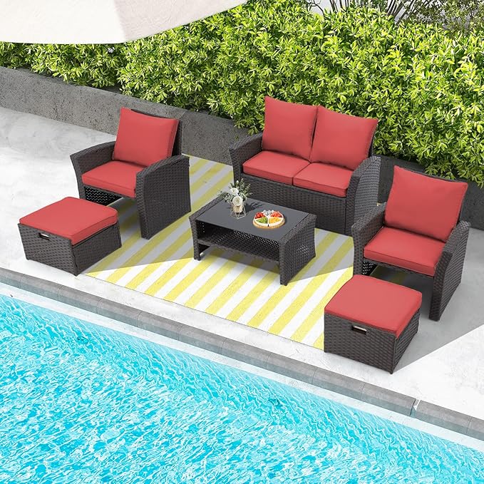 HOMREST 6 Piece Patio Conversation Set, Outdoor Sectional Conversation Rattan Sofa Set with Ottoman and Outdoor Storage Table for Garden, Porch, Backyard (Burgundy)