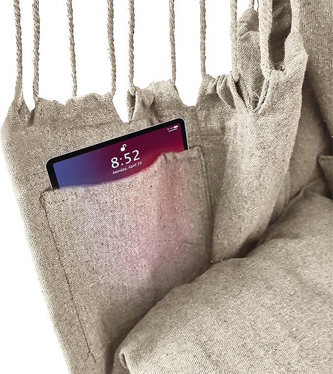 ALEKO Hanging Rope Swing Hammock Chair with Side Pocket and Wooden Spreader Bar, 2 Cushions and Hardware Kits Included, Max 440 Lbs Ivory HC01