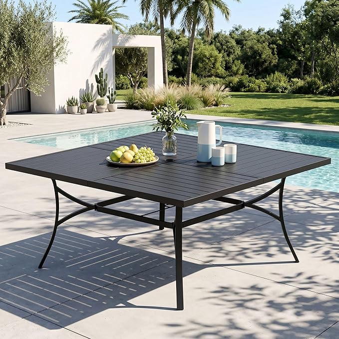 MFSTUDIO 57.5" Square Metal Outdoor Dining Table, Large Patio Furniture 8 Person Table with Umbrella Hole for Deck, Backyard, Lawn,Garden (Black)