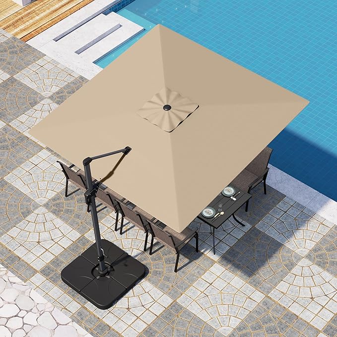 PHI VILLA 10ft Patio Umbrella with Base 360° Rotation & 7-Level Tilt Outdoor Cantilever Umbrella with Easy Crank Handle. Square Offset Umbrella Heavy Duty for Garden Poolside Backyard (Beige)