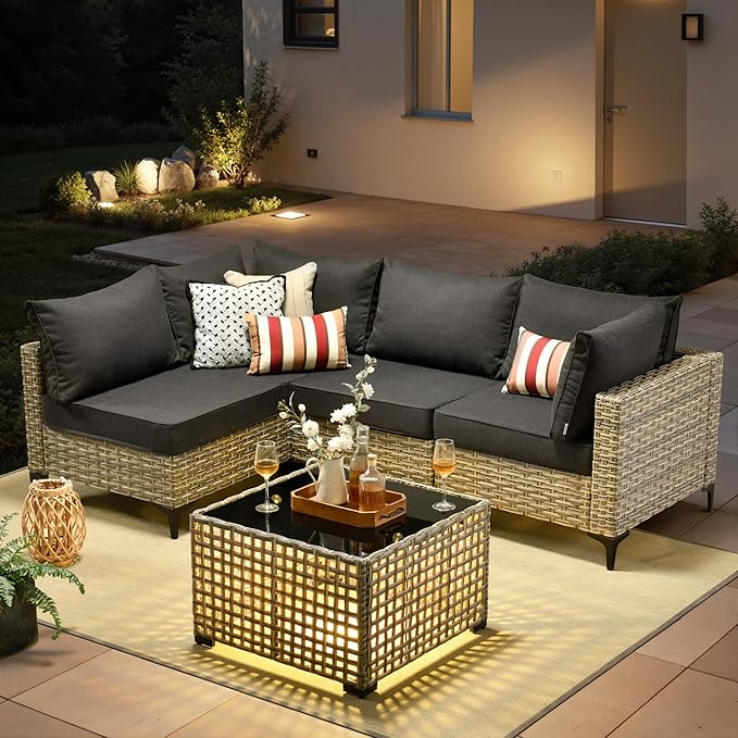 5 Pieces Patio Furniture Set with Solar Light Coffee Table, All-Weather Rattan Outdoor Sectional Conversation Sets L Shaped Sofas for Outside Porch Balcony Backyard Black