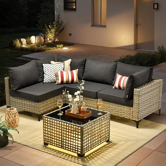5 Pieces Patio Furniture Set with Solar Light Coffee Table, All-Weather Rattan Outdoor Sectional Conversation Sets L Shaped Sofas for Outside Porch Balcony Backyard Black